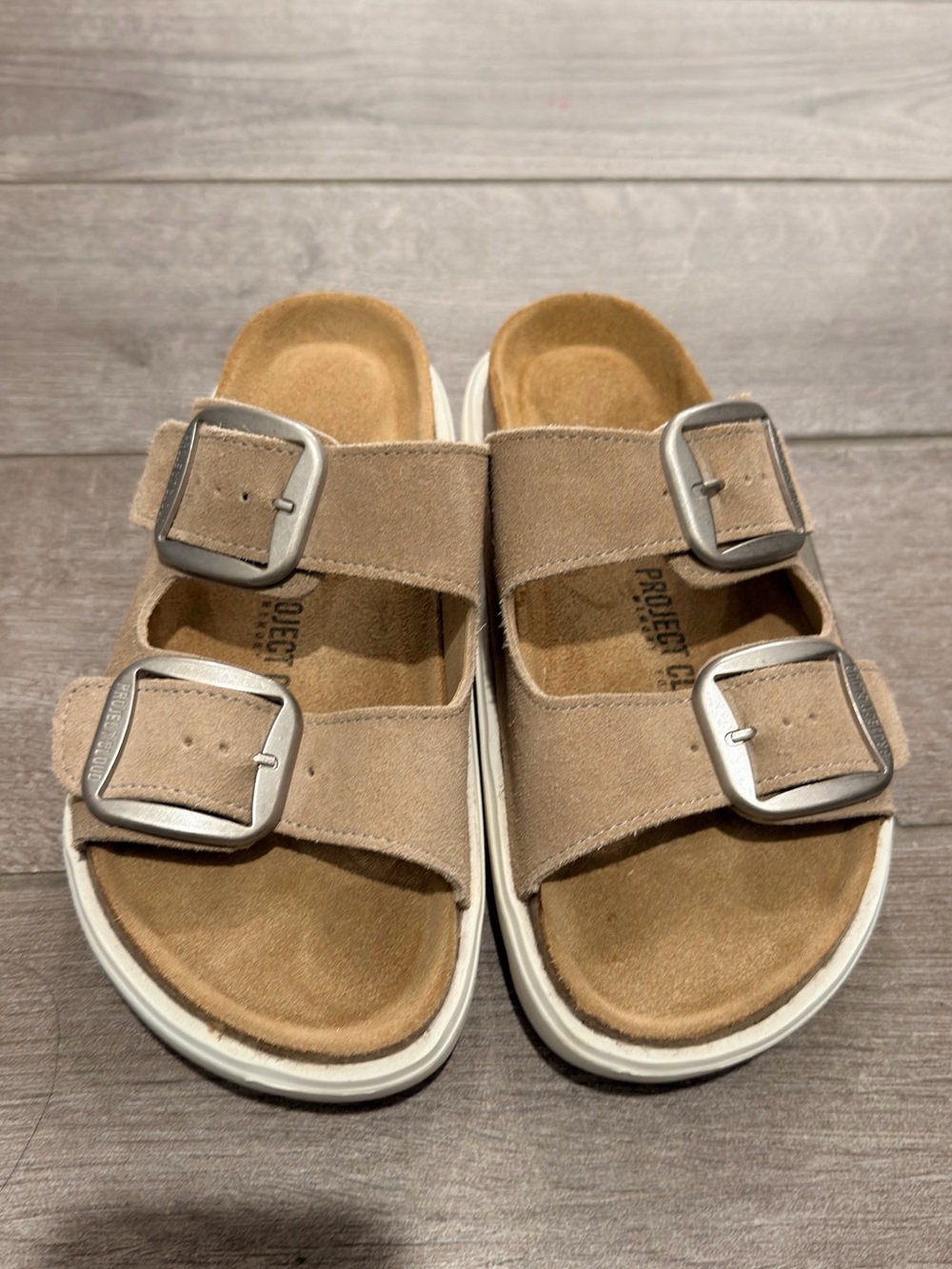Women’s Suede Double-Buckle Moccasin Sandal in Taupe